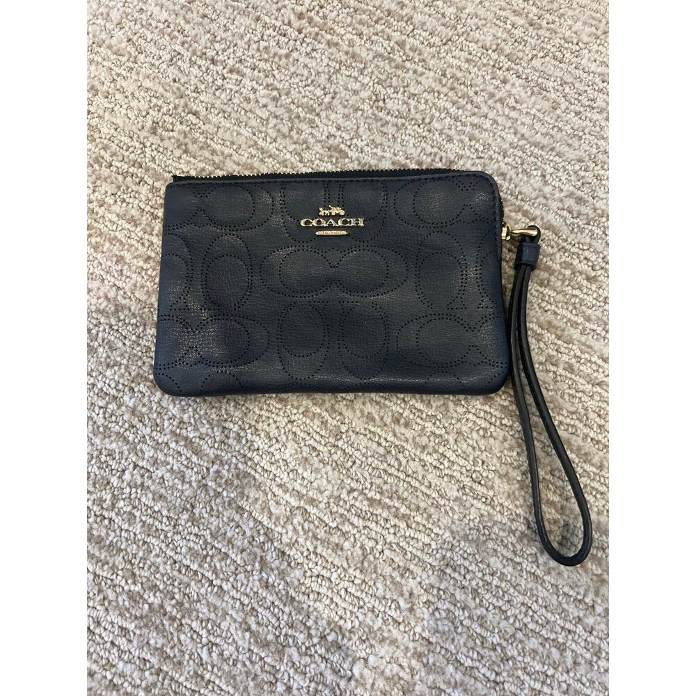 Coach Navy Signature Wristlet Card Holder with Gold Logo